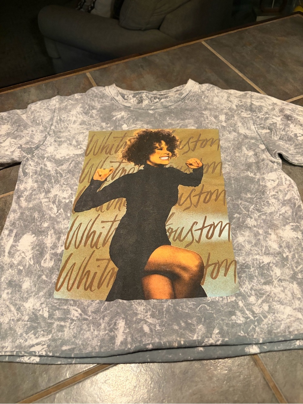 Gray Acid-Wash Short Sleeve Graphic Tee with Golden Print